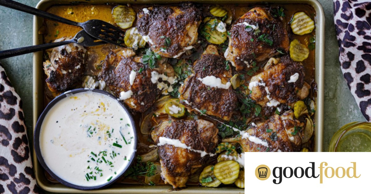 pastramispiced chicken thighs with pickles