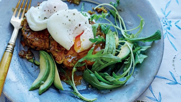 Wake up right: The Happy Kitchen's sweet potato and zucchini fritters with poached eggs. 