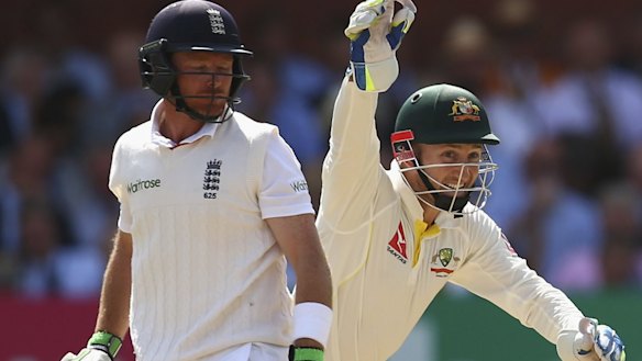 Peter Nevill of Australia celebrates after Ian Bell is dismissed by Nathan Lyon.