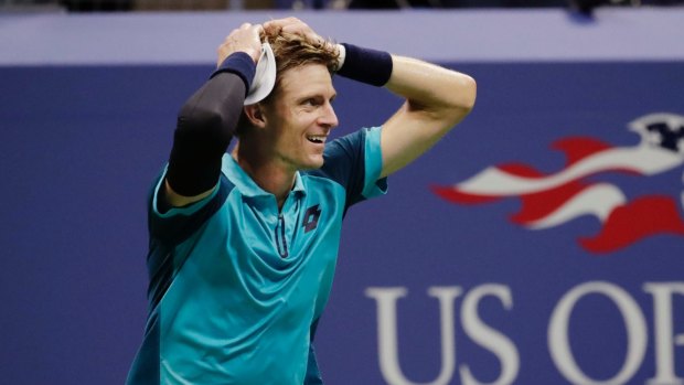 The bolter: Kevin Anderson reacts after beating Pablo Carreno Busta to qualify for the US Open final.