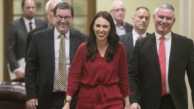 Prime Minister-elect Jacinda Ardern arrives at her media conference after it was announced Winston Peters was forming a government with Labour and the Greens.