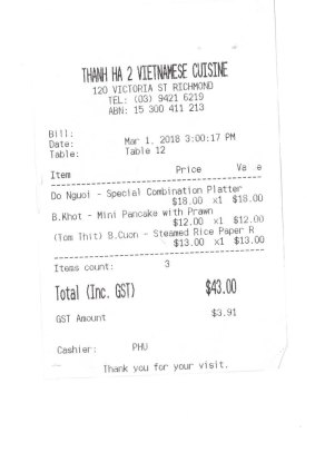 Receipt for lunch with comedian Hung Le at Thanh Ha 2, Richmond.