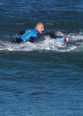 Fanning after being attacked by a shark in Jeffreys Bay, South Africa.