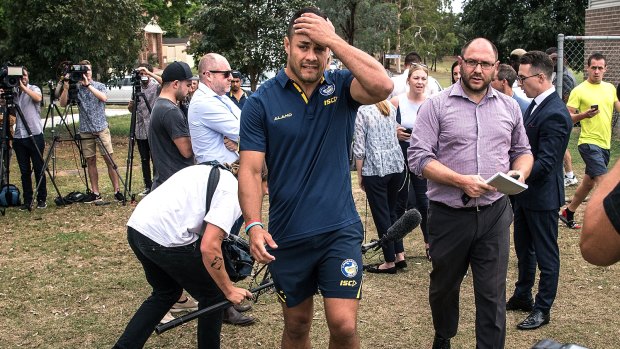 Jarryd Hayne after facing  the media on his first day back at Eels training.