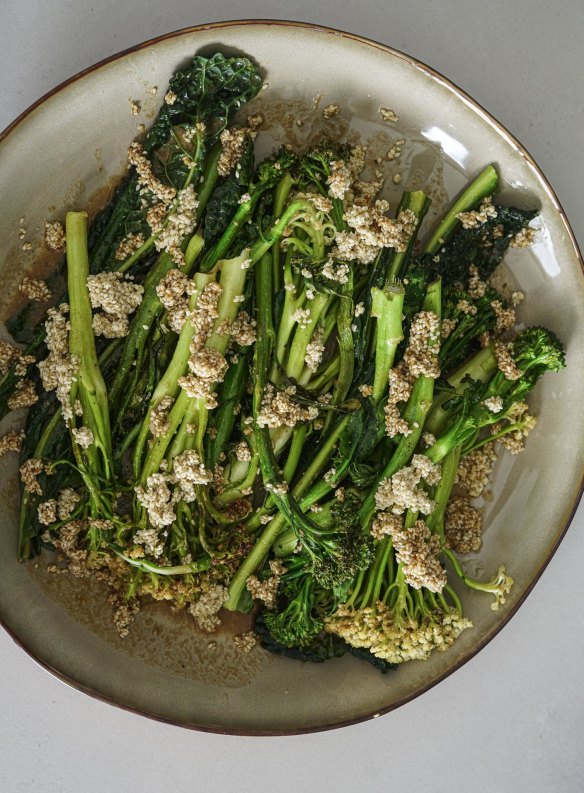 Roasted broccolini, caulini and kale with tahini butter and toasted sesame.