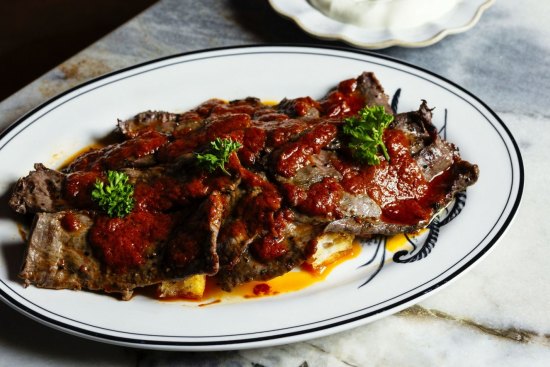 Go-to dish: Iskender - shaved lamb backstrap with capsicum sauce, pide bits and yoghurt.