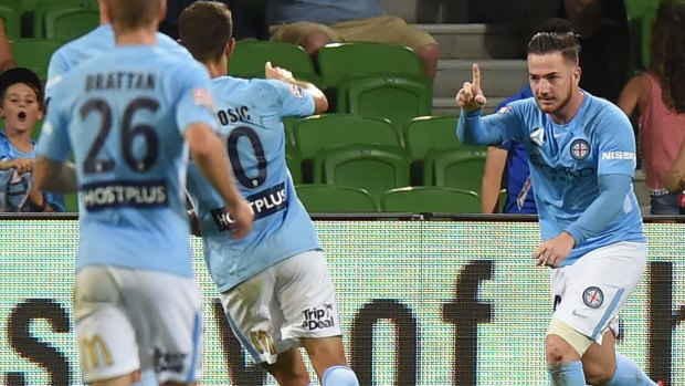 Marksman: Ross McCormack celebrates after scoring another goal set up by Daniel Arzani.