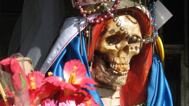 Close-up view of a Santa Muerte, south of Nuevo Laredo, Mexico.