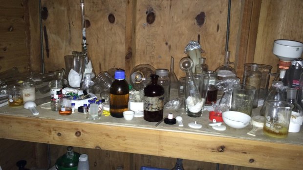 Chemicals and glassware seized by police and the Australian Crime Commission.