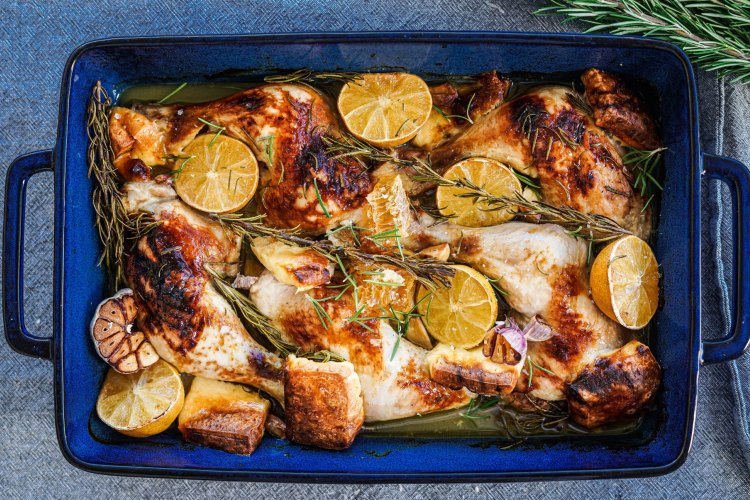 One pan chicken and haloumi bake with pepper honey. 