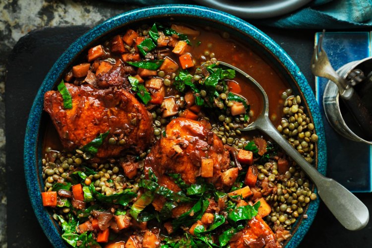 Neil Perry's braised chicken with lentils.