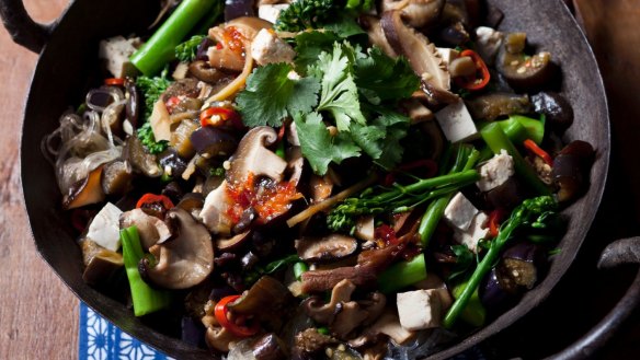 Mushroom and tofu with glass noodles. 