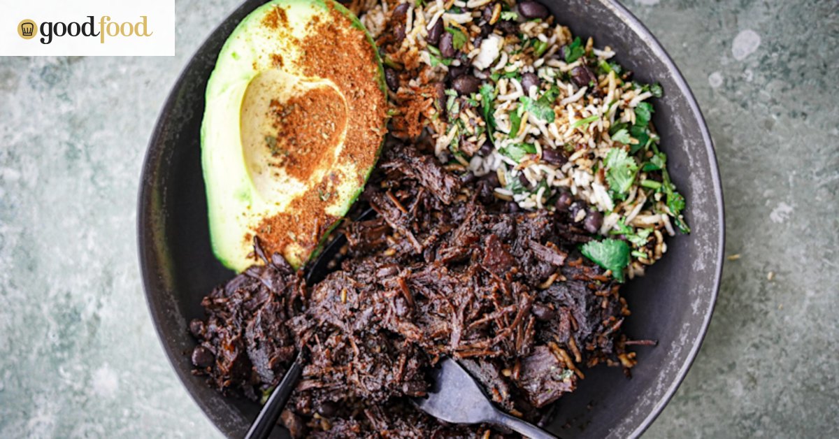 Mexican beef cheek stew with quick beans and rice