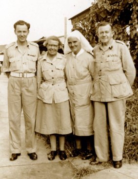 The malaria team (from left) Lieutenant-Colonel Ruthven Blackburn, Matron J. Mackerras , Matron B. Burbidge and Brigadier Neil Hamilton Fairley.  
