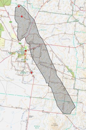 A CFA map showing the approximate area burnt by fire near Moyston.  