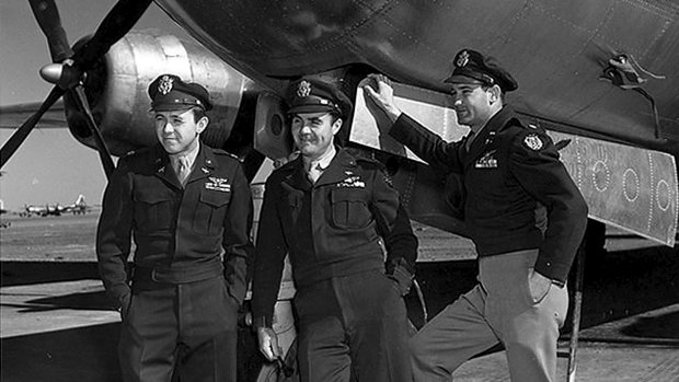From left, Captain Theodore Van Kirk, Colonel Paul Tibbets and Major Thomas Ferebee after their return from Hiroshima.