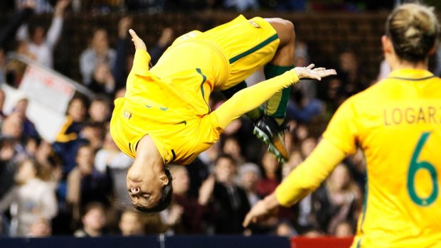 Sam Kerr performs her signature celebration after scoring against Brazil earlier this year.