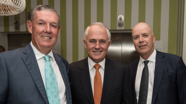 Fairfax Media chairman Nick Falloon (left) with Prime Minister Malcolm Turnbull and Fairfax chief executive Greg Hywood. 