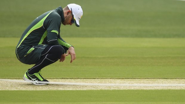 Michael Clarke inspects the Adelaide Oval pitch before the first Test against India.
