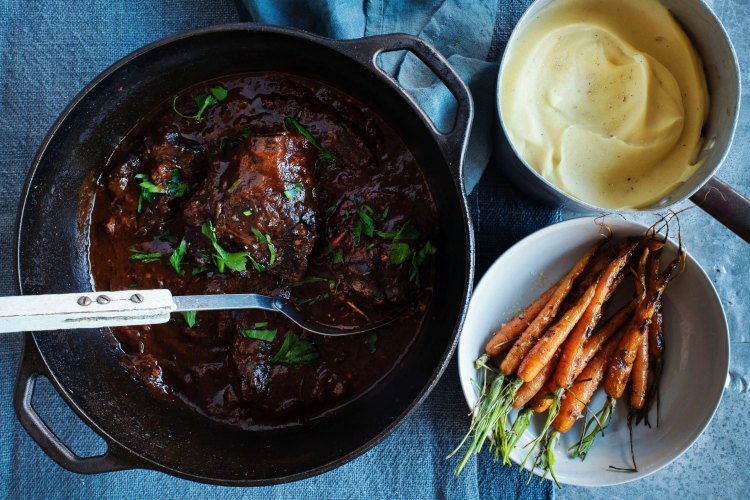 Braised beef cheeks with parsnip puree.