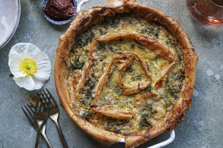 Spiced herb, cheese and filo tart.