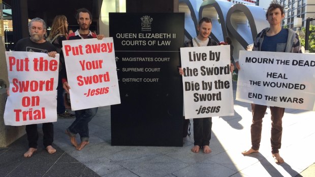 Protesters outside the Brisbane Magistratest Court on Wednesday.