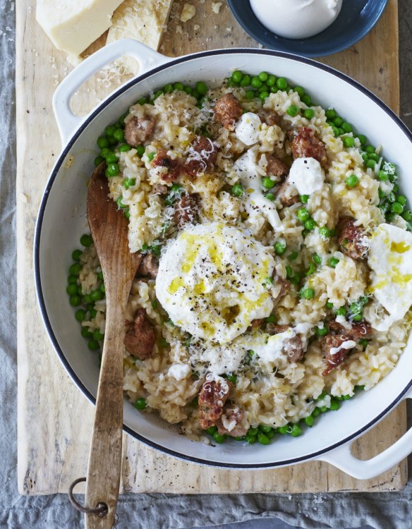 Risotto with crumbled and fried sausages.