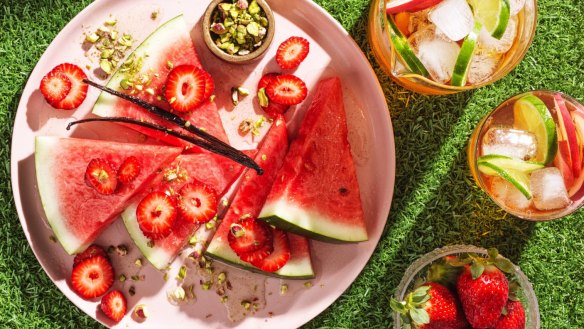 Watermelon and strawberry salad, pictured with my iced tea.