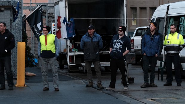 Sacked maintenance workers on the picket line outside the Carlton & United Breweries in Abbotsford.