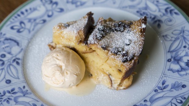 Bread and butter pudding with vanilla ice-cream.