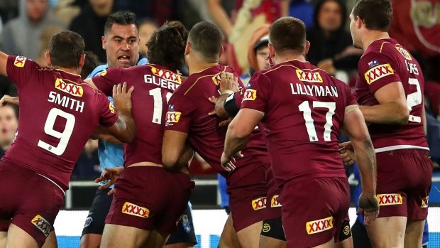 Outnumbered: Andrew Fifita shapes up against the state of Queensland.