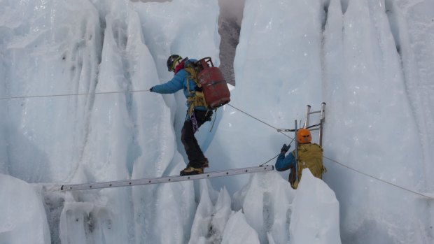 Sherpas training in the Khumbu icefall, where 16 Sherpas were killed in April, 2014.