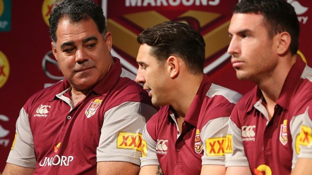 Coach Mal Meninga and Slater at the Maroons team announcement.