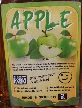 The Real Juice Company also made false claims on its two litre apple juice product, sold at Supabarn.