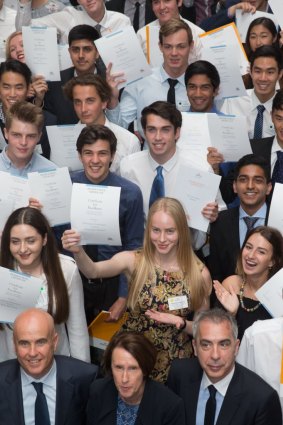 HSC students who topped a subject this year with education minister Adrian Piccoli. 