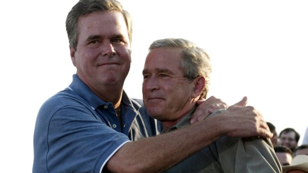 Brothers: Jeb, left, and George W. Bush hug during a political appearance in Florida in 2004.