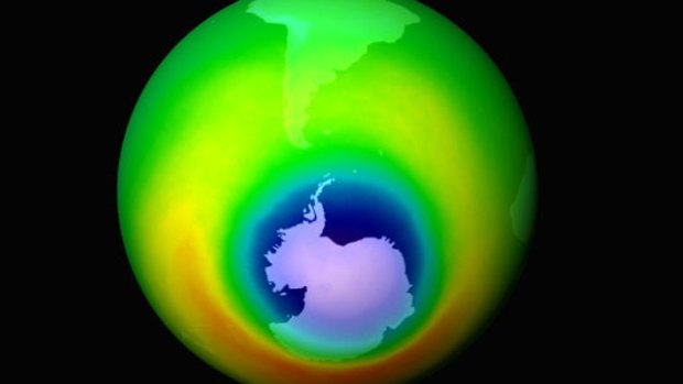 A NASA image from 1999 shows areas of depleted ozone over the Antarctic in blue.