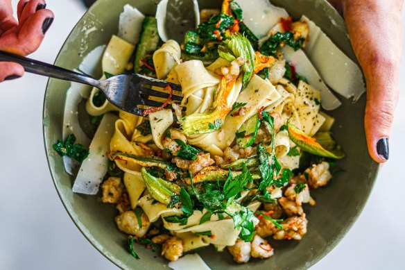 Prawn pasta, heavy on the herbs, with 'pretend fancy sauce' and optional zucchini flowers.