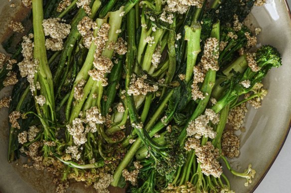 Roasted broccolini, caulini and kale with tahini butter and toasted sesame.