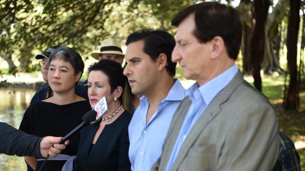 Jenny Leong, Clover Moore, Alex Greenwich and Ron Hoenig speak against any plan to build a stadium on Kippax Lake.