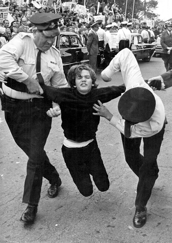 Police arresting a protester at an anti-Vietnam war demonstration.