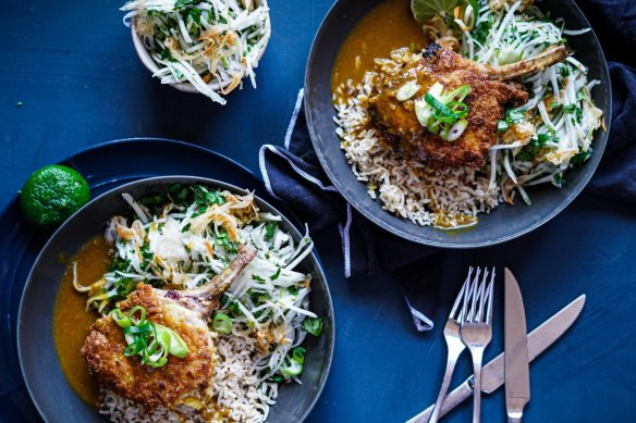 Tonkatsu (crumbed pork cutlets) with Japanese curry sauce, rice and slaw.