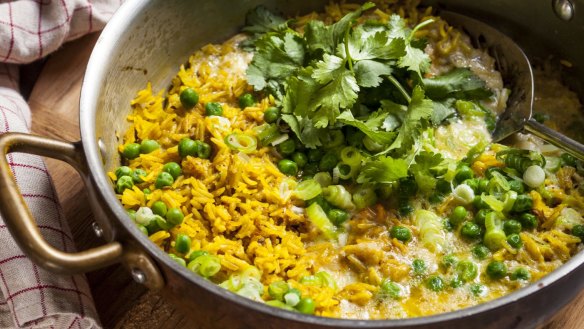 Throw together a quick curried rice with frozen peas and pantry spices.