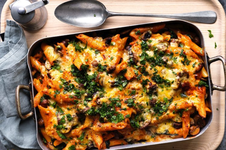 Adam Liaw's mushroom and spinach stroganoff pasta bake.