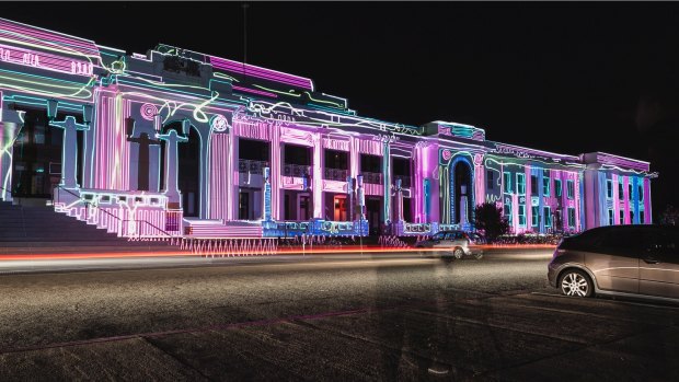 Old Parliament House all lit up for the Enlighten Festival.