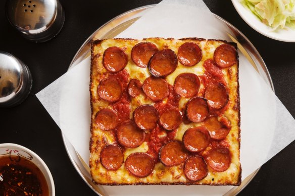 Pepperoni pizza, Detroit-style.