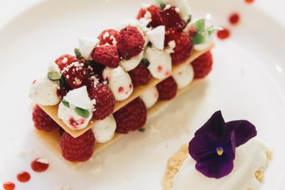 Raspberry and shortbread millefeuille with malt ice-cream.