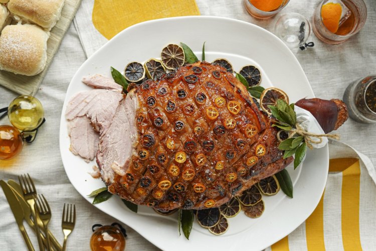 Christmas ham with negroni glaze.