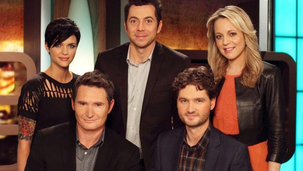 Early days: The first hosts of <i>The 7PM Project</i>, as it was known in 2009. L-R: Ruby Rose, Dave Hughes, James Mathison, Charlie Pickering and Carrie Bickmore