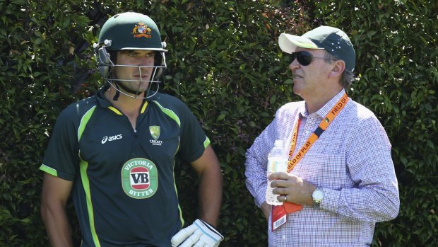 Selector Trevor Hohns with batsman Joe Burns.